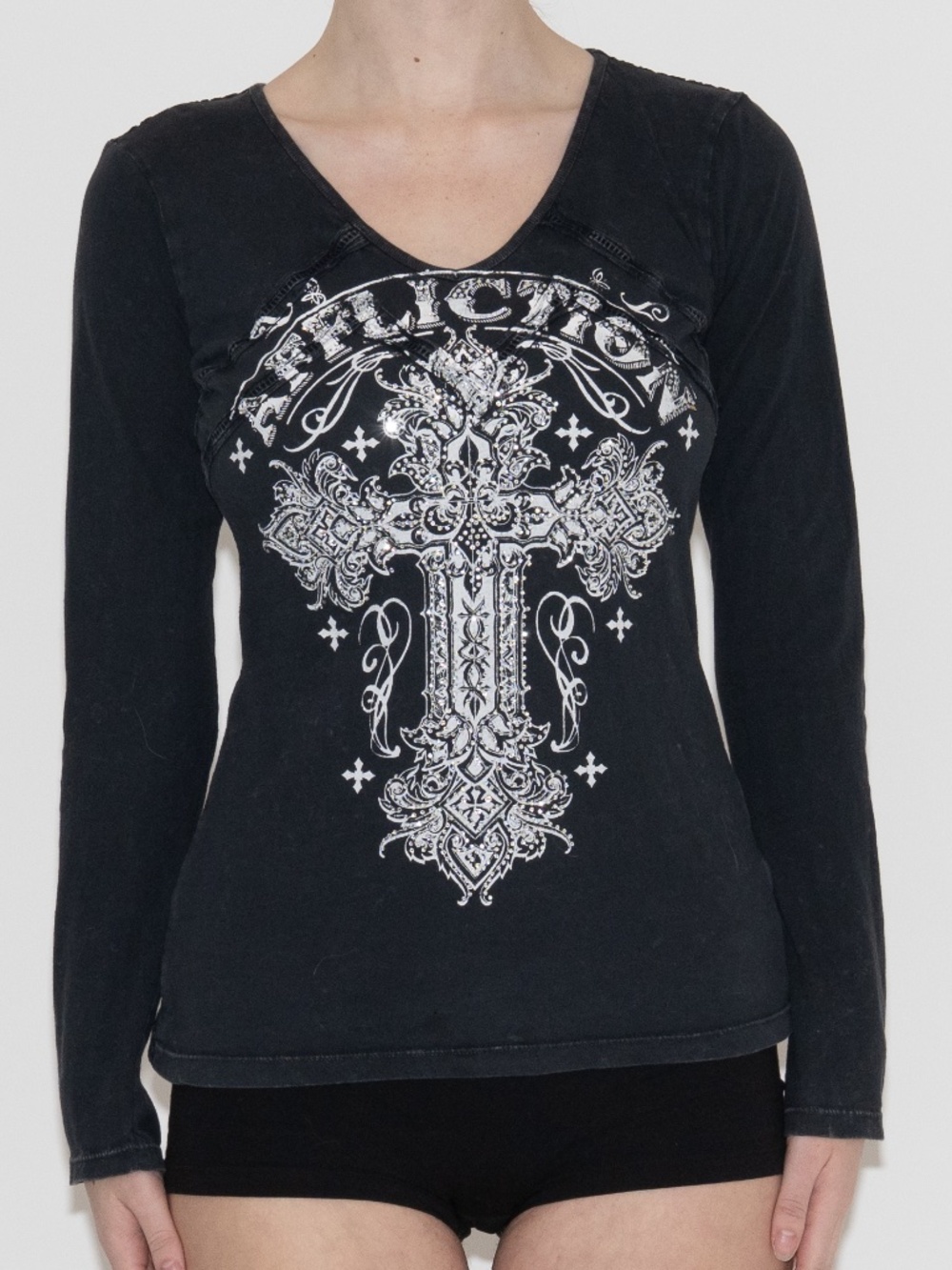 Y2k affliction graphic t shirt cross graphic fishnet back size medium - Picture 1 of 5